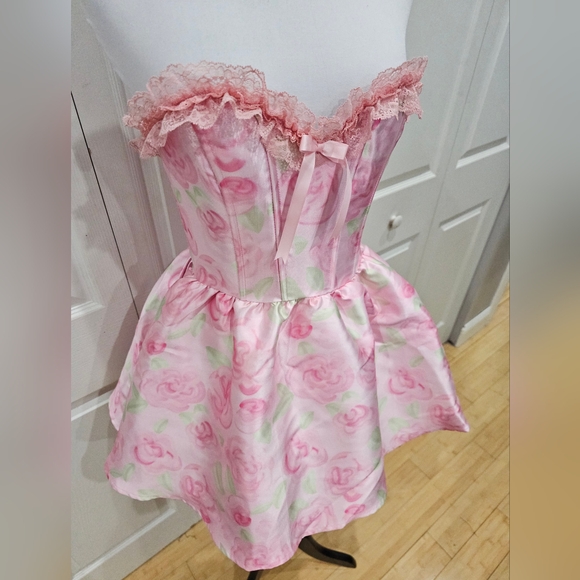 Dolls Kill Sugar Thrillz Forever Fancy Corset Pink Floral Rose Lace Mini Dress S - Picture 2 of 13